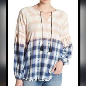 Jag Eliot Boho Ombre Plaid Ballon Sleeve Top